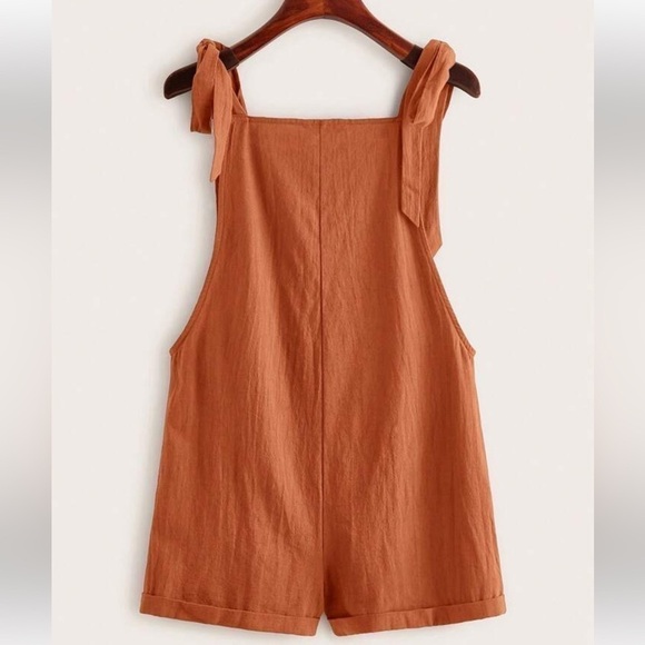 Tie Knot Strap Overall Shorts Pocket Jumpsuit Rust Brown - Picture 2 of 2